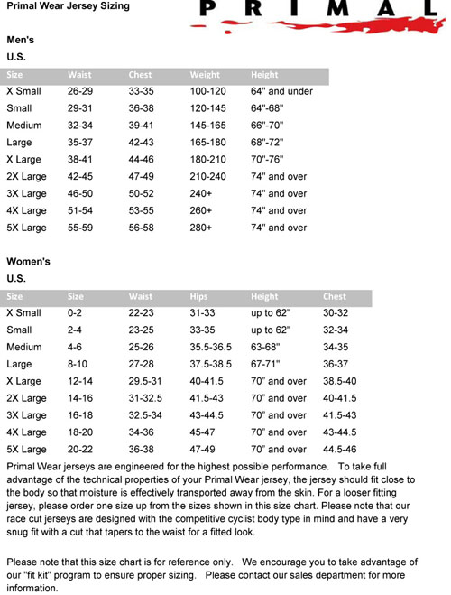 Primal Wear Size Chart